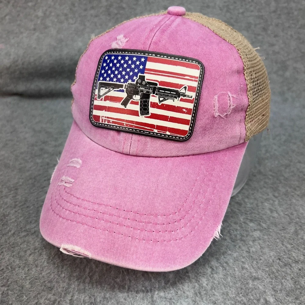 American Flag Rifle Patch Womens Pink Unbranded Trucker Hat Distressed Ponytail